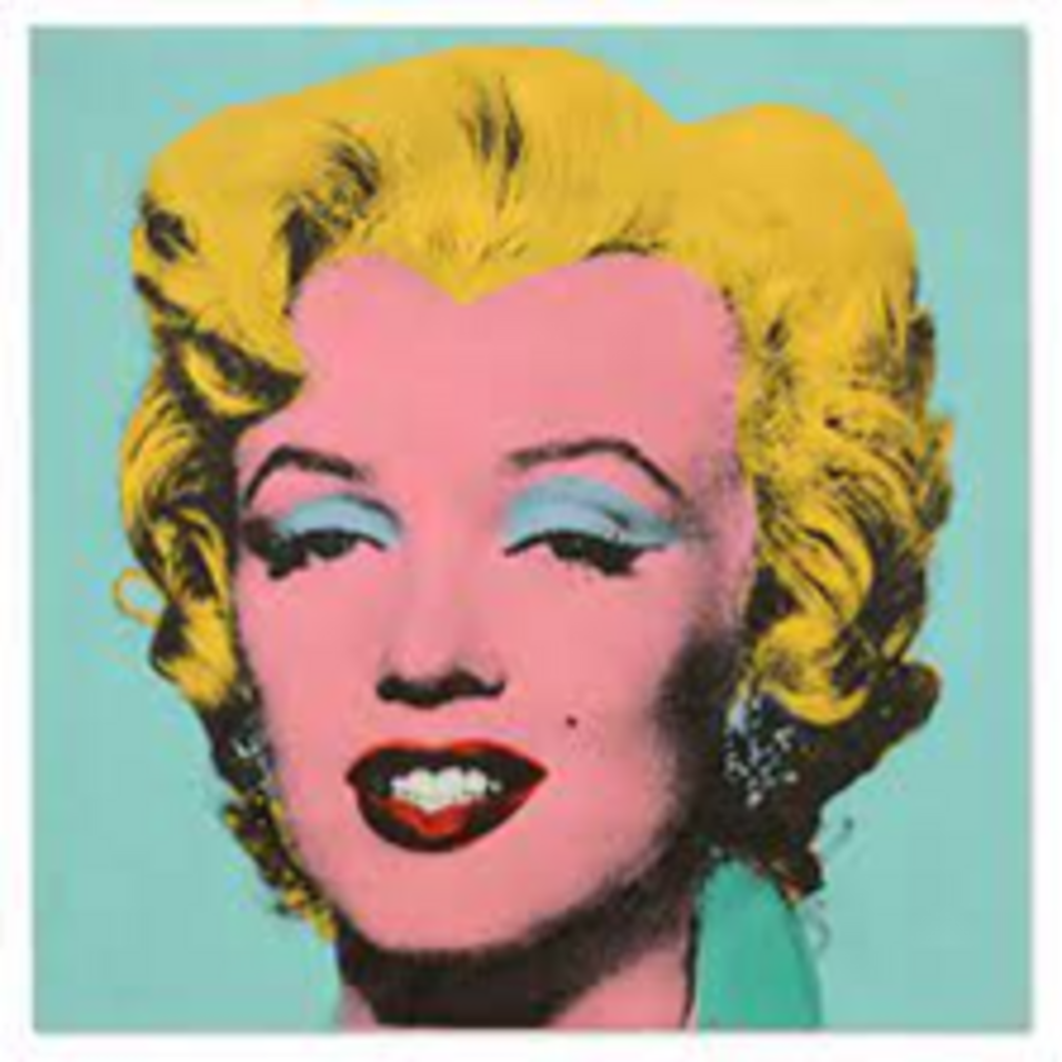 Portrait von Marilyn Monroe in grellen Pop-Art-Farben auf blauem Grund